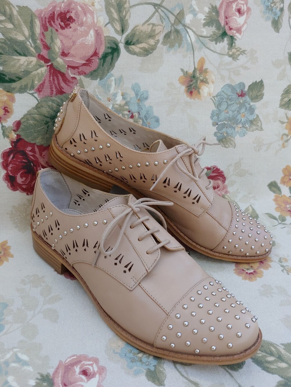Sam Edelman Jayna Leather Studded Lace-Up Oxford Flats Nude 9.5